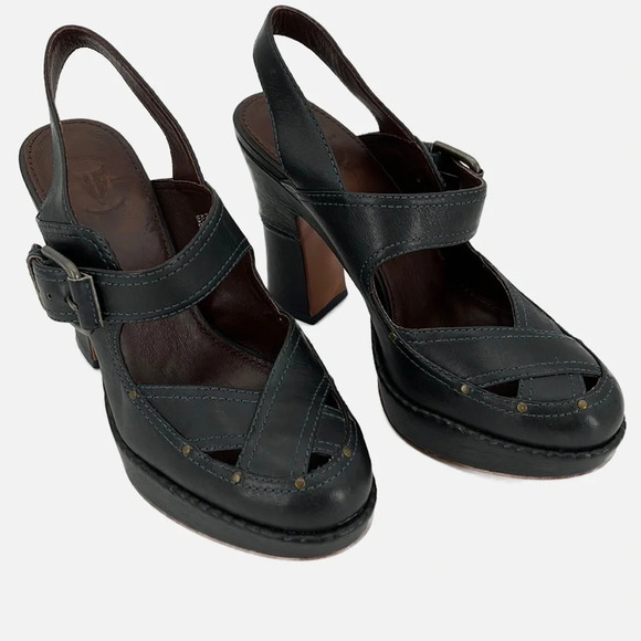 Frye Goldie Slingback Chunky Platform Leather Heels in Stone Blue - Size 7 1/2 - Picture 1 of 13